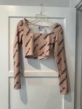 adidas Pink All-Over Logo Long-Sleeve Cropped Top